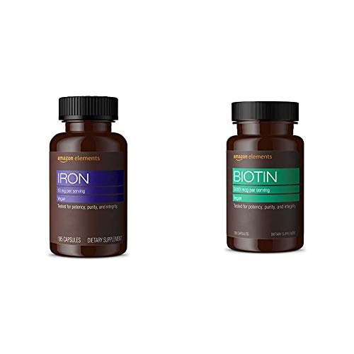 Amazon Elements Iron 18mg, Vegan, 195 Capsules, 6 Month Supply & Biotin 5000 mcg, Vegan, 130 Capsules (4 Month Supply)