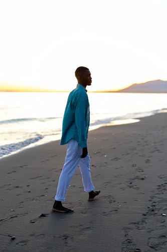 Image of SWIMS Santorini Men's Long Sleeve Linen Stretch Button Down Shirt | Lightweight breathable shirt for vacation, resort wear, travel and beach