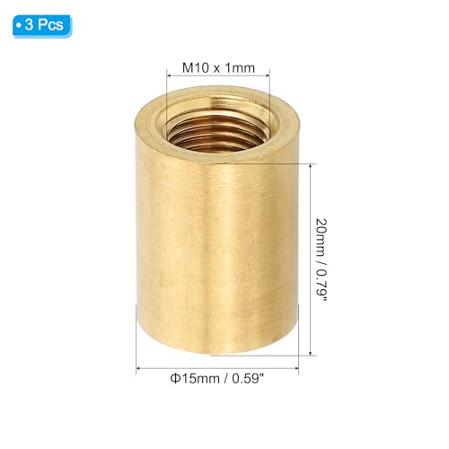 Image of PATIKIL Lamp Pipe Brass Coupling Nut, 3 Pcs 20mm Long M10 Fine Round Thread Sleeve Lamp Pipe Adaptor Rod Connector Hardware for Light Fixture Assembly or Repair, 15mm OD.