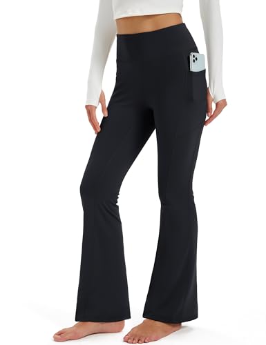 MAGCOMSEN Womens Fleece Lined Pants Warm Winter Thermal Flare Leggings with Pockets High Waisted Lounge Pants Black M