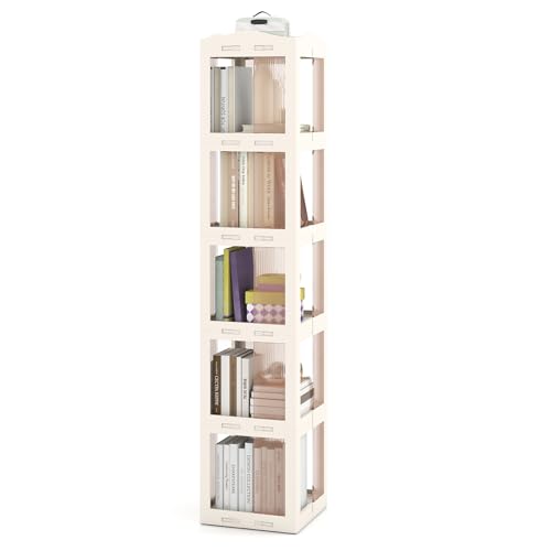 Giantex Foldable Rotating Bookshelf, 360° Spinning Bookcase w/Swivel Base, Revolving Bookshelf Tower, Tall Corner Display Shelf, Translucent Storage Organizer for Living Room, Study (5-Tier)