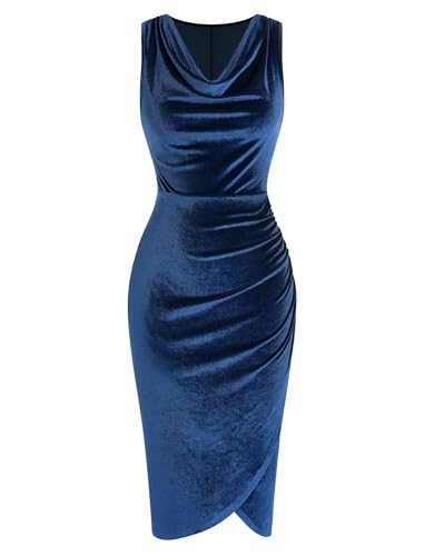 ZAFUL Women's Cocktail Dresses Sleeveless Velvet Wedding Guest Dress Ruched Bodycon Formal Slit Party Cocktail Midi Dress(Navy,S)