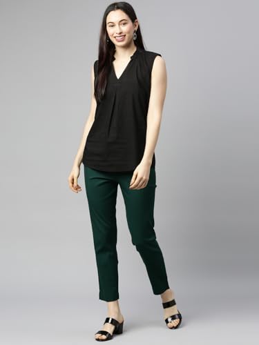 Image of MINELLI Women Solid Cigar Pants, Cotton Lycra Slub Fabric, Elasticated Waistband, Pull On Style, Regular Fit Bottom Wear for Western and Ethnic Wear