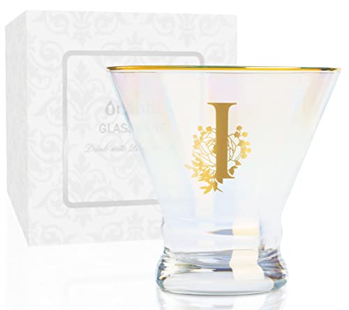 Onebttl Iridescent Stemless Martini Glasses with Initial I, Personalized Gifts for Women, 8 oz, Cocktail Gifts, Alcohol Glasses for Birthday, Christmas
