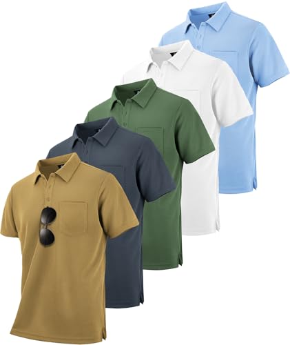 Image of SCODI 5 Pack Mens Pocket Polo Shirts Short Sleeve Golf Casual Work T-Shirt