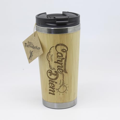 power gift - Bambus Thermobecher mit Text Gravur: CARPE DIEM. Optimal für täglichen Bedarf und lange Ausflüge. Geschenk für jedermann und für alle Angelegenheiten.