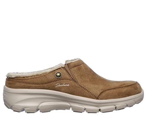 Image of Skechers Women's Clogs - Relaxed Fit: Easy Going - Latte-Twin Gore Open Back Suede Fur Slip-On Clogs with Air Cooled Insole