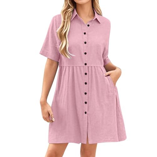 Women's Short Sleeve Casual Dresses with Pockets Lapel Neck Button Down Solid Color Summer Trendy Loose Midi Dress