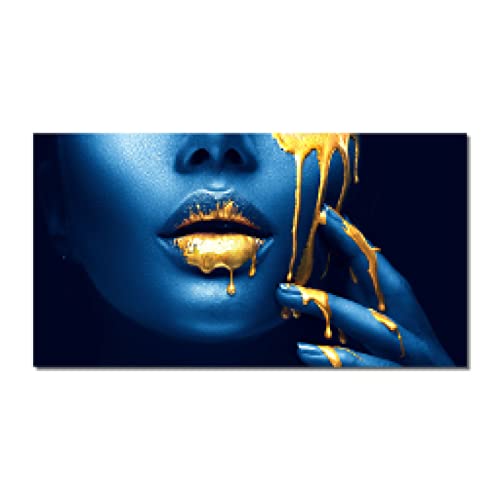 Peinture sur toile lèvres bleu et or 60x120cm pour décoration salon