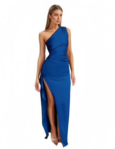 Image of Womens One Shoulder Ruched Side Satin Wedding Guest Dresses Adjustable Straps High Slit Backless Cocktail Maxi Dress