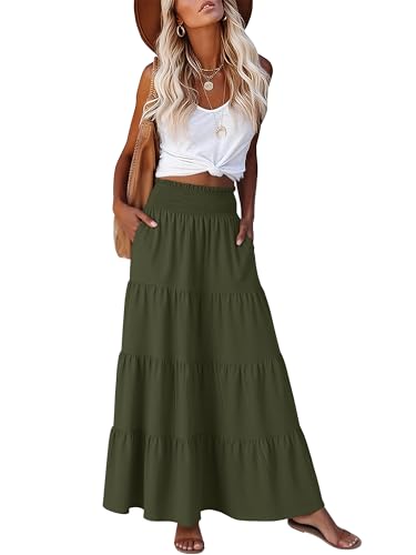 ANRABESS Womens Maxi Skirts, Elastic High Waist A-Line Tiered, Long Flowy Boho Skirts, Summer Casual Beach & Vacation Wear Army Green S