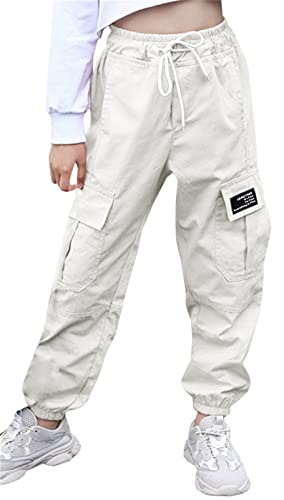 SANGTREE Girls Pants, Jogger Multi-Pocket Elastic Waist Pull On Cargo Pants with Drawstrings, White, 11-12 Years = Tag 160