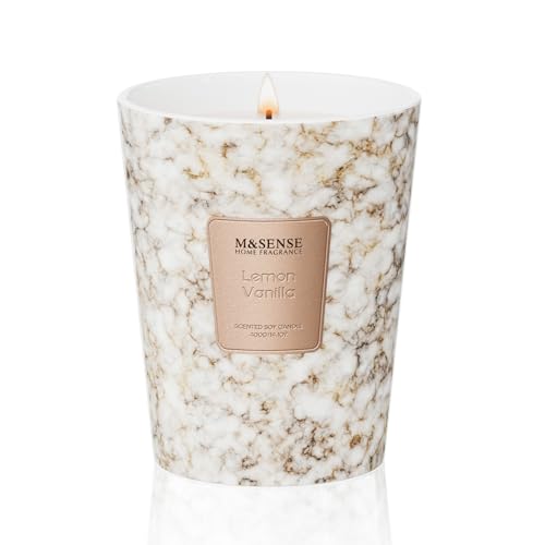 Image of M&SENSE Lemon Vanilla Scented Soy Candle, 3 Wick Highly Scented 14.1 Oz 75H, Aromatherapy Christmas Gift for Women and Men