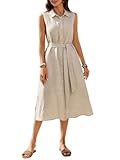 Women'S 100% Linen Midi Dress Button Down Shirt Dresses With Pocket 2026 Summer Collared Sleeveless Split Belt Dress