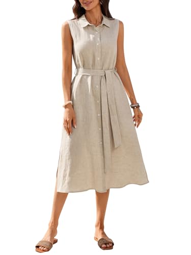 Womens 100% Linen Midi Dress Button Down Shirt Dresses with Pocket 2026 Summer Collared Sleeveless Split Belt Dress