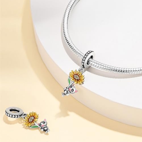 Image of LeeFeel Cats Sunflower Charm Beads fit 925 Sterling Silver Bracelets Chic Flower Dangle Charms for Jewelry DIY (Sunflower Cat)