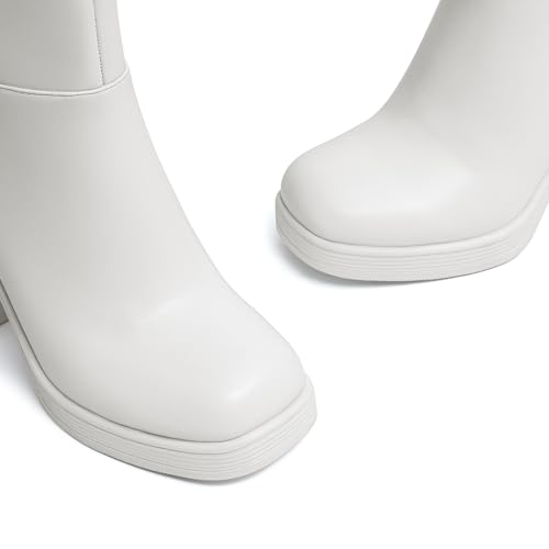 Athlefit Women's Platform Ankle Boots High Chunky Block Heel White Boots Square Toe Fashion Dress Heeled Booties Size 5.5 — view 3