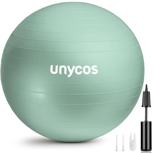 unycos - Pelota de Pilates, Gimnasia, Yoga, Fitness y Embarazo, Fitball Antideslizante y Anti-Burst【65 cm】de PVC Extra Grueso, Resistencia de 300 kg, Incluye Hinchador (Verde con Logo)