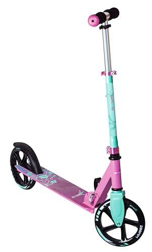 muuwmi Aluminium Scooter - Tretroller, 200 mm, ABEC 5, GS-geprüft, höhenverstellbar, XL-Deck, pink-türkis