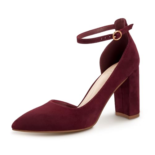 PARTY Women's Closed Toe Pumps 3-Inch Chunky Heels Pumps Ankle Strap Dress Wedding Shoes,Burgundy Su,8,S1