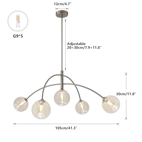 Image of Mid Century Modern Sputnik Chandelier with Glass Globe Cognac Shade Adjustable 5 Light Silver Chandelier for Dining Room Kitchen Bedroom