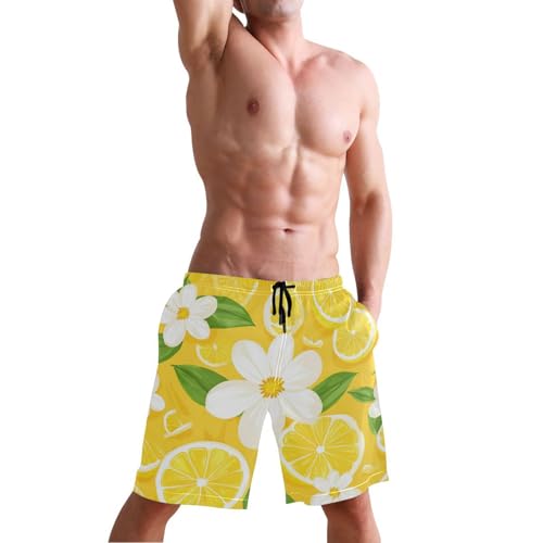 Men's Swim Trunks Quick Dry Swimming Shorts with Pocket Lemon Slice Flower Pattern Swimsuit Trunks4