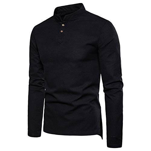 T-shirt manches longues en lin Henry noir col fendu élégant taille 36 pour homme