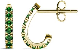 Round Emerald 0.31 ctw with U Cut Pave Setting Women Half Hoop Huggie Earrings 14K Yellow Gold