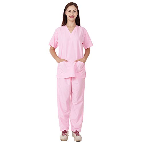 Image of RANK Women's Poly Viscose Scrub Suit for Nurses | Ot Surgical Hospital Medical Lab Scrub Uniform for Student Doctor and Dentist Size - XS (Pink)