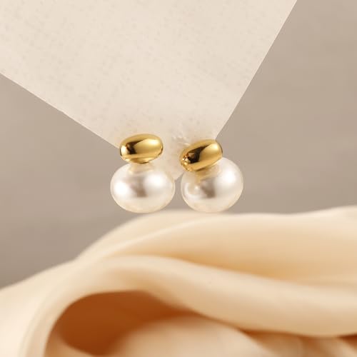 Gold Simulated Shell Pearl Earrings for Women, 18K Gold Plated Pearl Drop Earrings Gold Pearl Hoop Earrings Trendy Lightweight Hypoallergenic Earrings Jewelry3