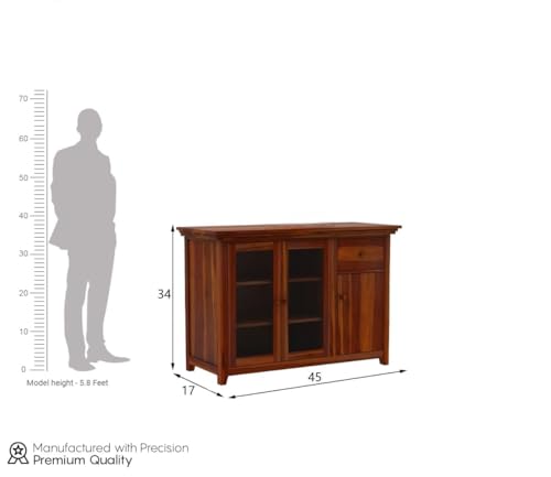 Image of Solid Sheesham Wood Sideboard Cabinet for Living Room | Crockery Cabinet with 2 Acrylic Glass Door | Kitchen Display Unit | 2 Acrylic Glass Doors, 1 Door Cabinet & 1 Drawer | Honey