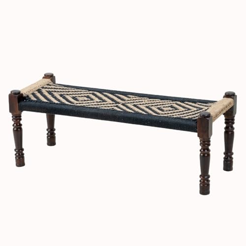 Image of Wooden Bench for Seating | Handcrafted Sheesham Wood Bench for Living Room, Balcony & Garden | Traditional Patio for Outdoor with Cotton and Jute Handwoven Rope | Black and Jute