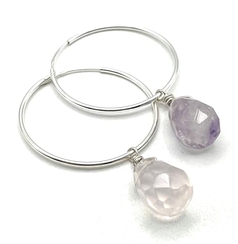 Boucles d'oreilles pierres de gemmes améthyste quartz rose argent - 3
