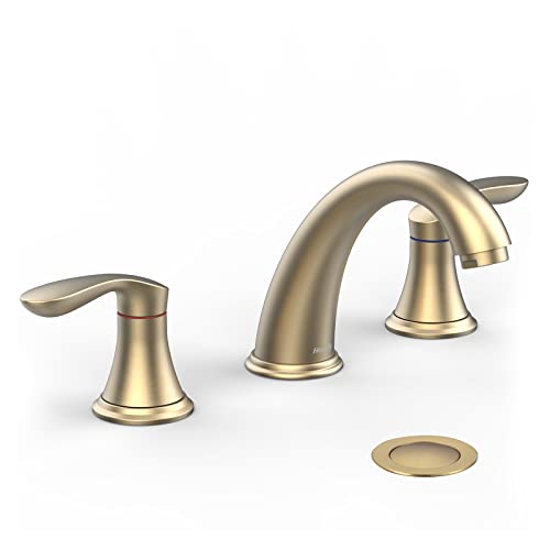 Bathroom Sink Faucet, Dual Handle Widespread Bathroom Faucet 3-Hole Design with Brushed Gold Finish, Includes Pop-Up Drain and cUPC Certified Lead-Free Hoses (Brushed Gold)