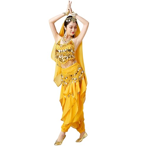 Wuchieal Bauchtanz Kostüm 4 Teile Oberteil Hose Hüftschal Schleier für Damen (Gelb, One size)
