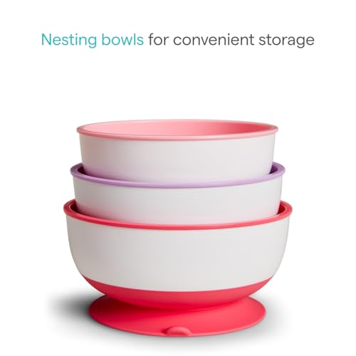 Image of Munchkin Stay Put Suction Baby Bowls with Lids - Dishes for Babies and Toddlers, Self-Feeding Bowl Set for Kids 6+ Months, Pink /Purple, 3 Count 3 sizes: small, medium, large (Pack of 6)