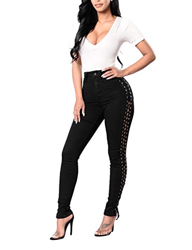 xxxiticat Women's Gothic Black Denim Pants Push Up Tight Hollow Out Side Lace Up Bandage Cross Pencil Jeans Trousers