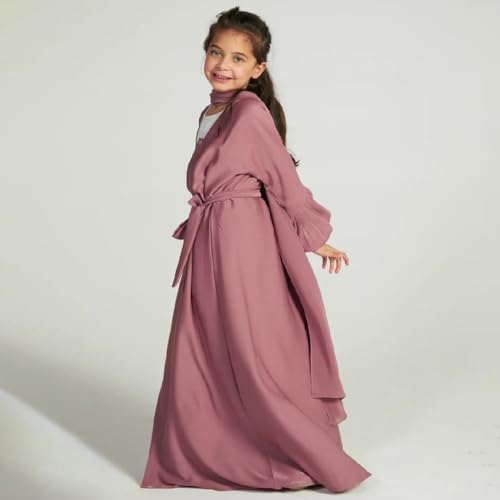 IMEKIS Kids Girls Abaya Long Sleeve Snap Front Dress with Belt Dubai Islamic Prayer V Neck Full Length Gown with Hijab3