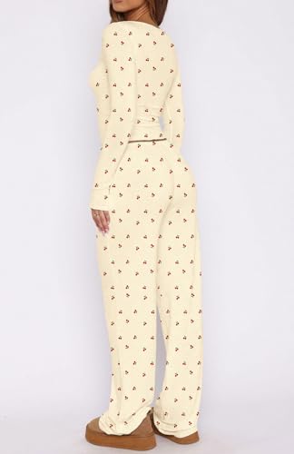 Lacozy Cute Pajamas for Women Set 2 Piece Long Sleeve Square Neck Cherry Pjs Set Y2K Sleepwear Lounge Set Fall Winter4