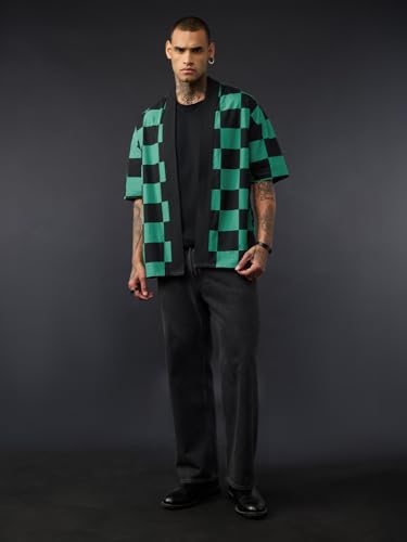 Image of The Souled Store Demon Slayer: Tanjiro Kamado Men and Boys Short Sleeve Green and Black Checkered Casual Lightweight Drop Shoulder Streetwear Trendy Cotton Oversized Shirt