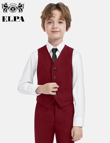 Image of Boys Suit Vest Set 4 Pieces Slim Fit Kids Burgundy Formal Vest and Pants Set for Wedding Ring Bearer, Easter, First Communion, Confirmation, Graduation Toddler Boys Size 2