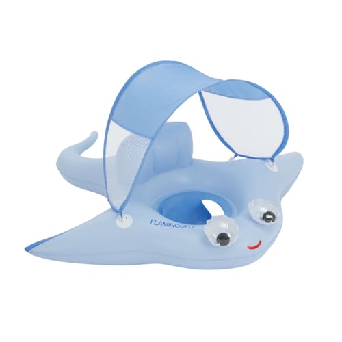Flamingueo Flotador Bebe - con Sombra y Asiento Reforzado - PVC Resistente y Poliéster - Válvula Doble - Azul