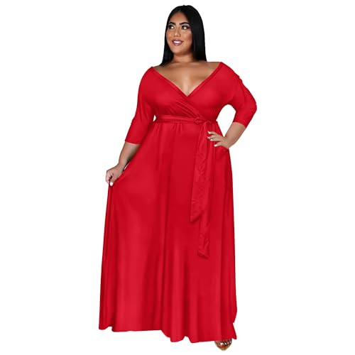 Image of Nmoder Plus Size Maxi Dress for Women - Summer Casual 3 /4 Sleeve Floral Flowy Long Dress with Belt XL- 6XL