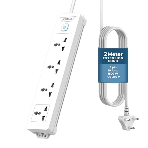 EMBOX 1500W Extension Board with Switches | 4 Universal Sockets Master Switch | Spike Guard, LED Indicator| 2 Meter Extension Cord