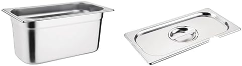 Vogue K934 Stainless Steel 1/3 Gastronorm Pan 5.7Ltr/150mm Deep Food Container, Silver & CB173 Stainless Steel 1/3 Gastronorm Notched Lid Cover Top Food Storage, Silver
