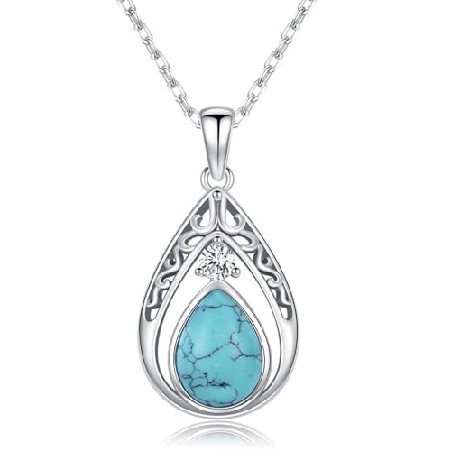 Opal/Turquoise Necklace 925 Sterling Silver Filigree Teardrop Pendant Necklace Turquoise Jewelry Christmas Gifts for Women Her Mom