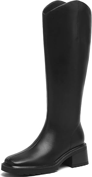 Womens Knee High Boots V-Cut Square Toe Chunky Heel Boots with Back Zipper Slip-Resistant Lug Sole Faux Leather