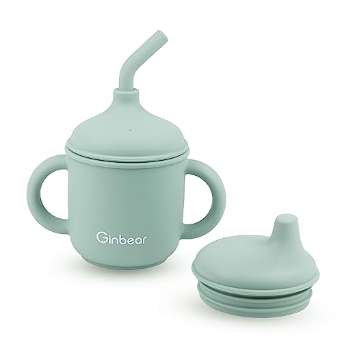 Image of Ginbear 2-in-1 Sip-N-Straw Cup for Baby, Spill Proof Non-toxic BPA Free Food Grade Silicone Training Transition Sippy Cup for Toddler 6 Months+ (Hazy Green)