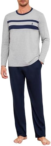 Marvmys Herren Schlafanzug Langarm Pyjama Set Sleepwear Baumwolle Winter | Rundhalsausschnitt , Atmungsaktiv, Bequem, Kontrastfarben, Langarm Shirt mit Tasche und BündchenHerbst-Ha