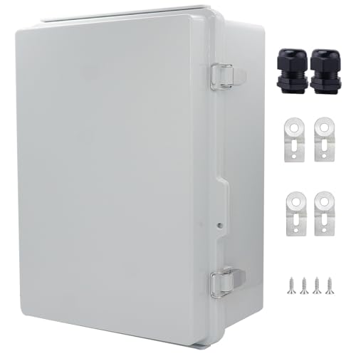 IP67 Waterproof Junction Box, ABS Plastic Electrical Enclosure with Stainless Steel Latch, Hinged Cover Electric Box with Mounting Plate, Wall Brackets &amp; Cable Glands 410x310x180mm